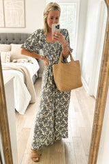 Cream Floral Smocked Jumpsuit