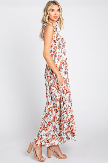 Cream Floral Smocked Shoulder Tie Tiered Maxi Dress