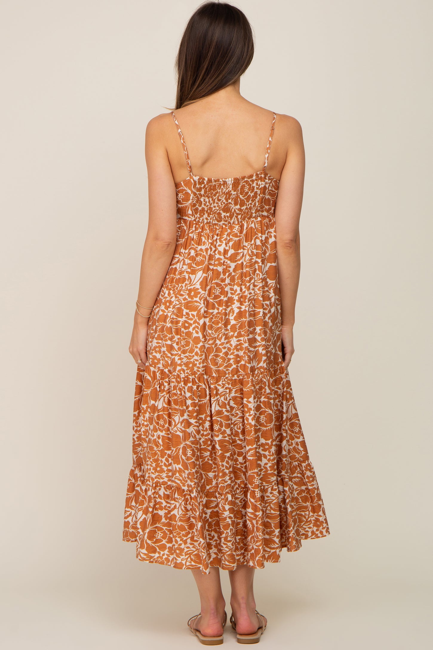 Rust Floral Tiered Maternity Midi Dress