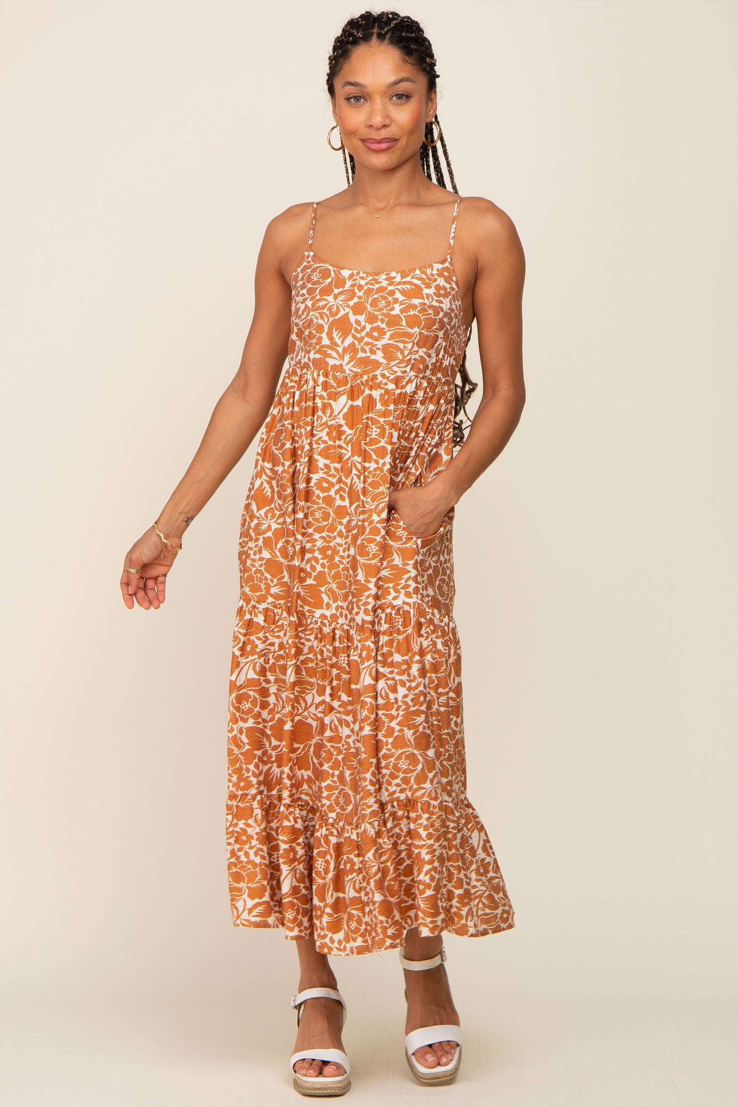 Rust Floral Tiered Maternity Midi Dress