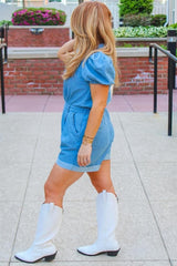 Light Denim Romper With Puff Sleeves