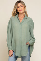Green Lightweight Sheer Button Down Maternity Blouse