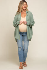 Green Lightweight Sheer Button Down Maternity Blouse