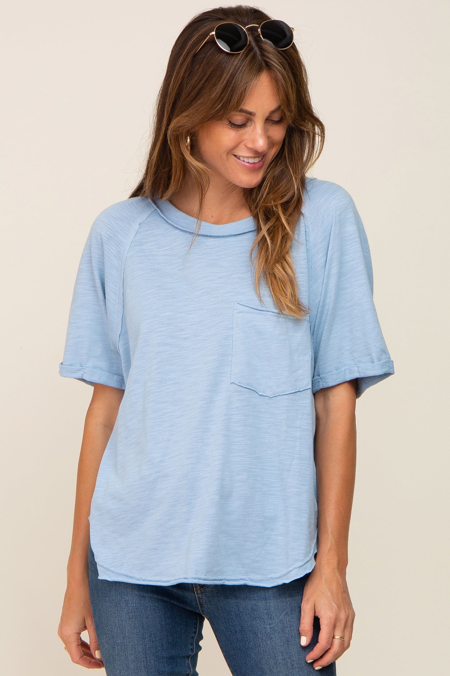 Light Blue Front Pocket Raw Edge Trim Short Sleeve Maternity Top