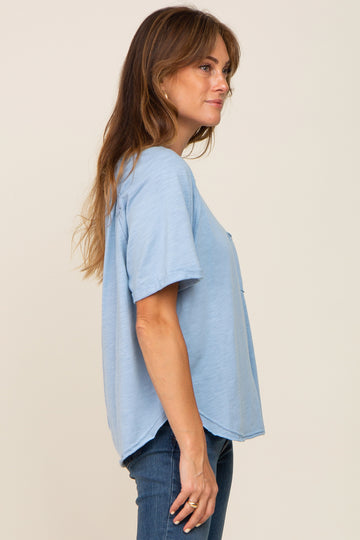 Light Blue Front Pocket Raw Edge Trim Short Sleeve Top