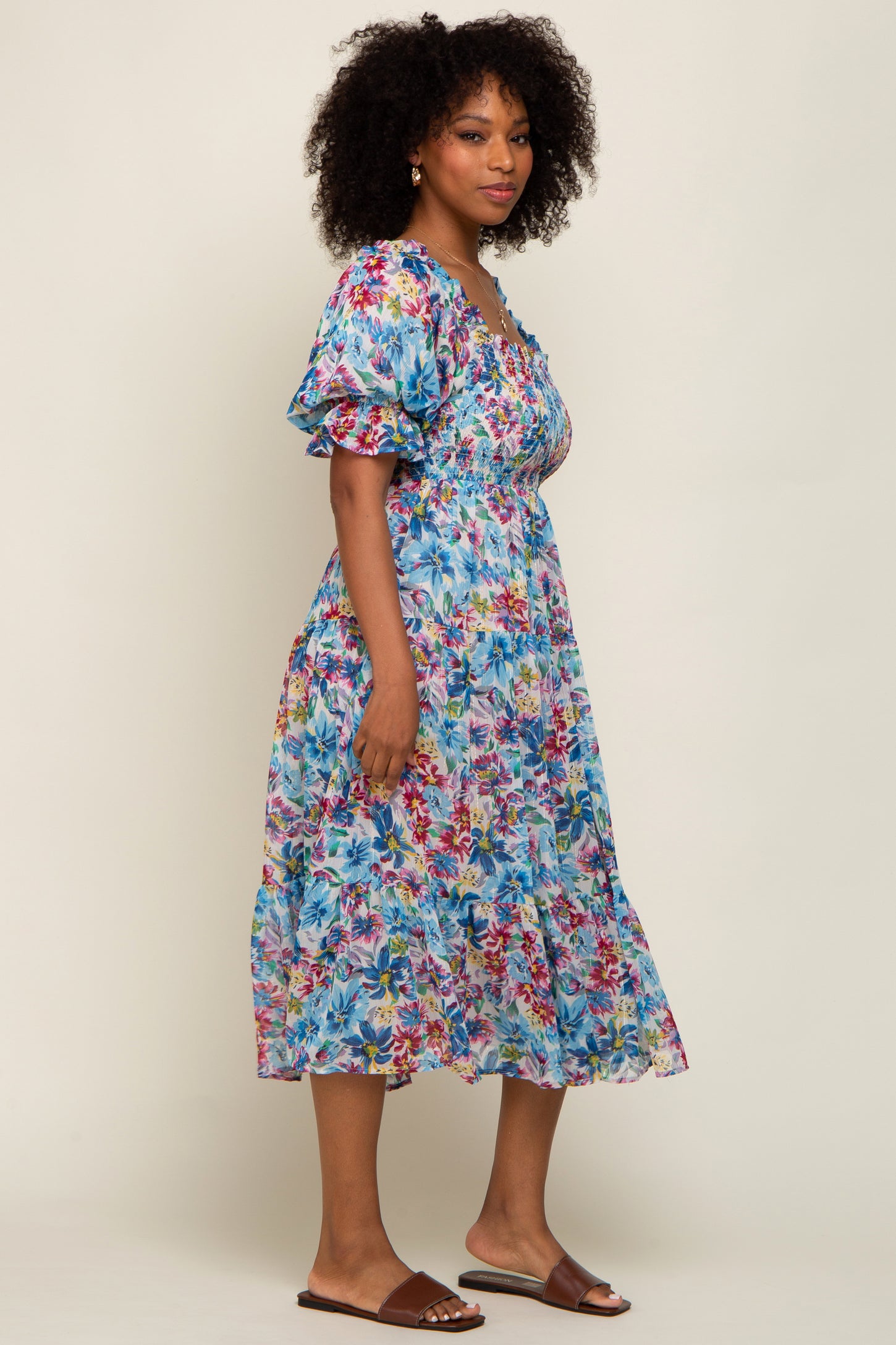 Blue Floral Shimmer Chiffon Ruffle Square Neck Smocked Midi Dress