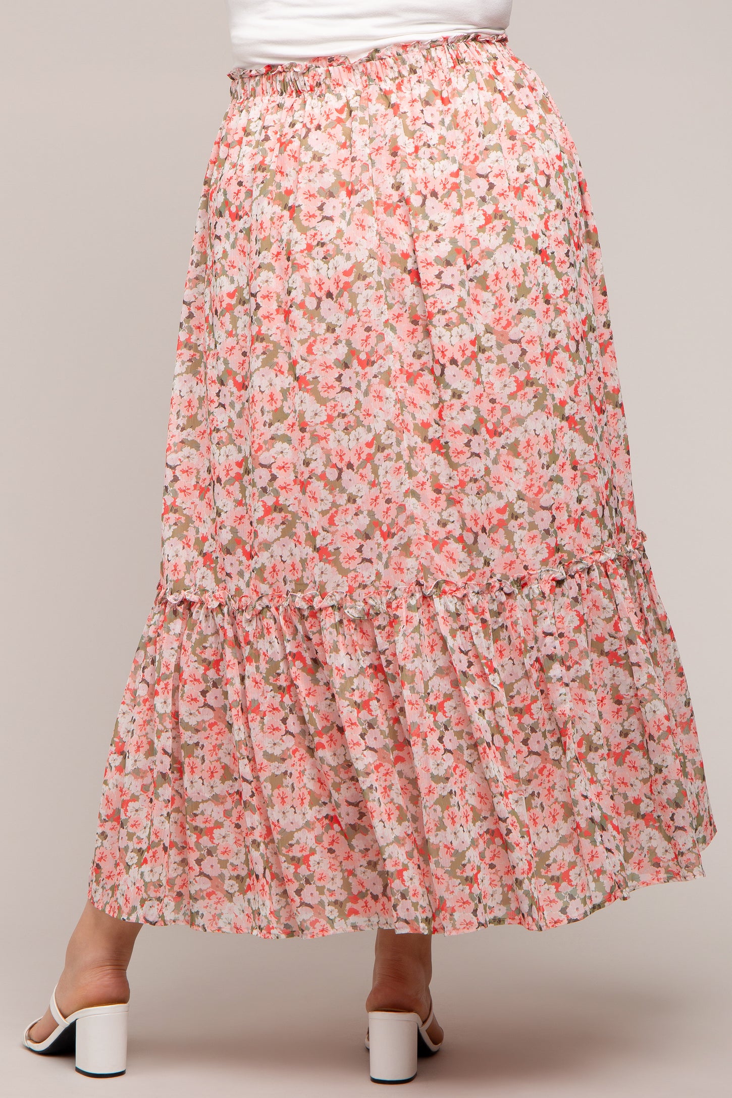 Pink Smocked Waist Tiered Maternity Plus Maxi Skirt