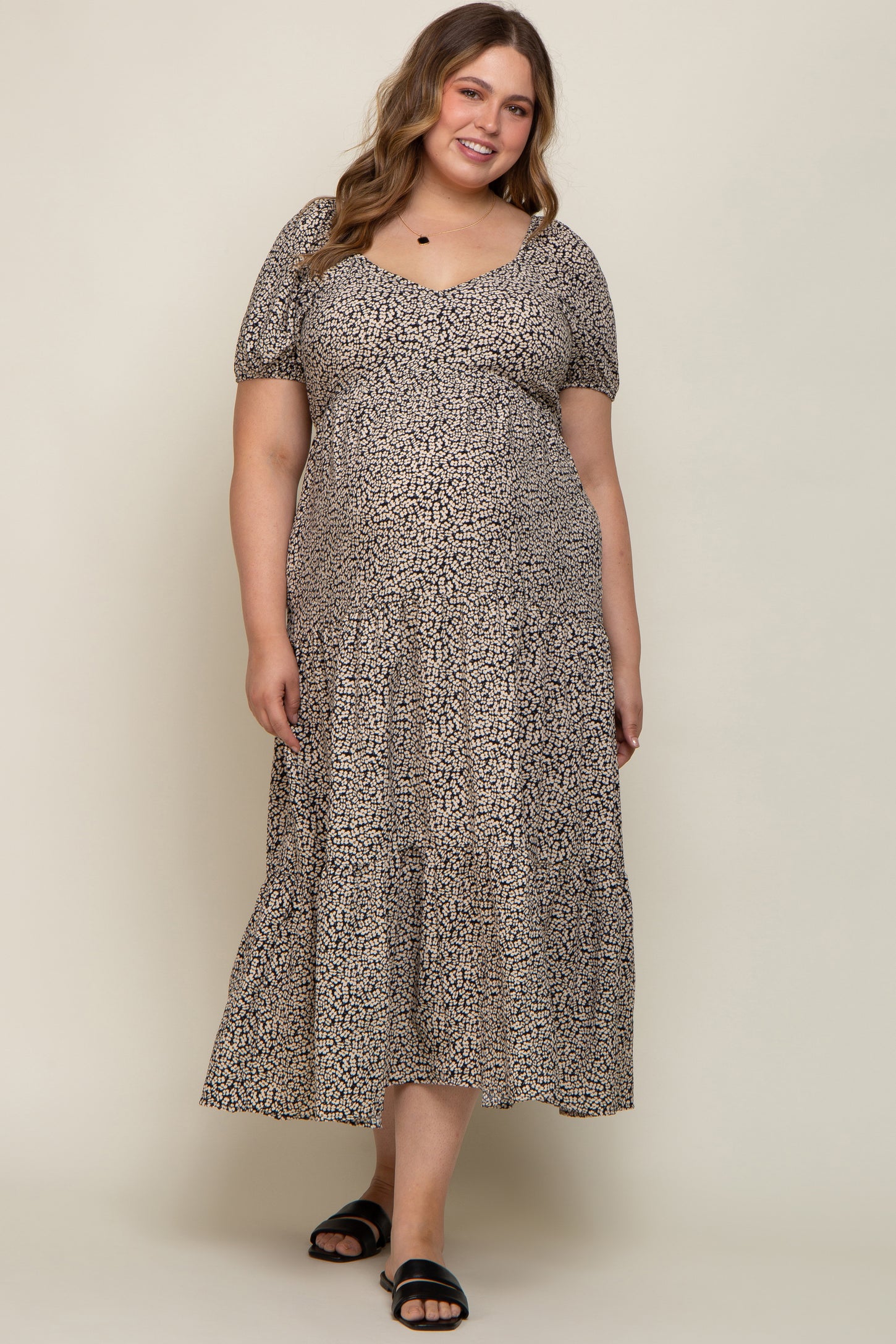 Black Floral Puff Sleeve Maternity Plus Maxi Dress