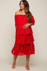 Red Striped Layered Maternity Midi Dress