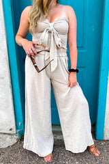 Beige Front Tie Crop Top and Pant Set