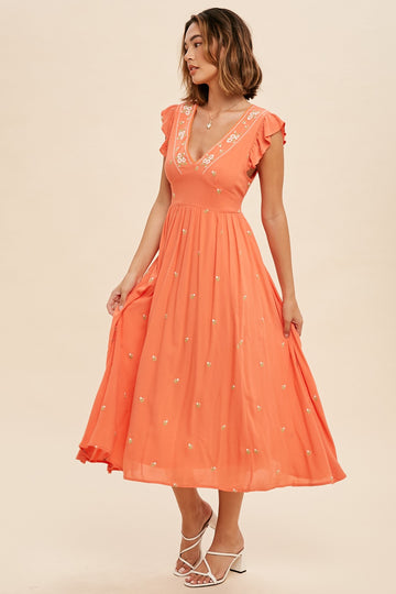 Coral  Floral Embroidered V Neck Midi Dress