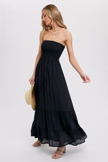 Black Smocked Strapless Front Tie Maxi Dress