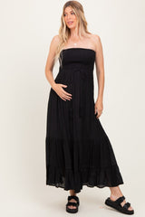 Black Smocked Strapless Front Tie Maternity Maxi Dress