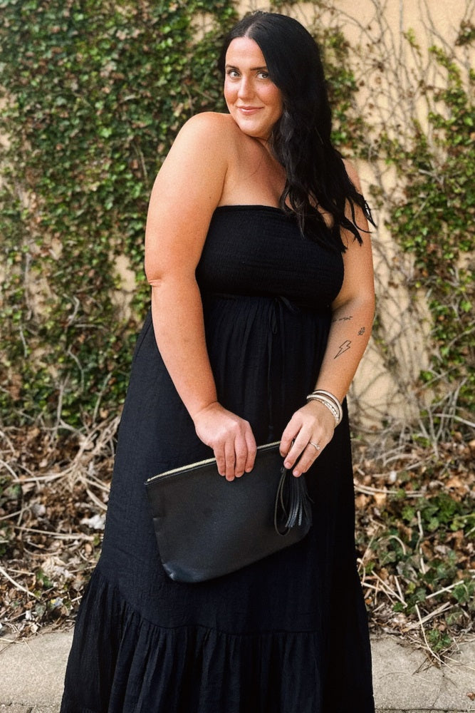 Black Smocked Strapless Front Tie Maxi Dress