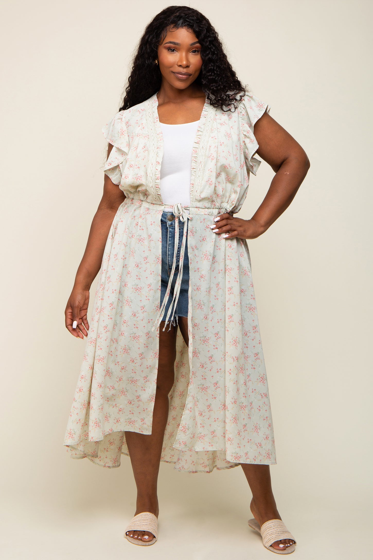 Light Mint Floral Crochet Front Tie Maternity Plus Coverup