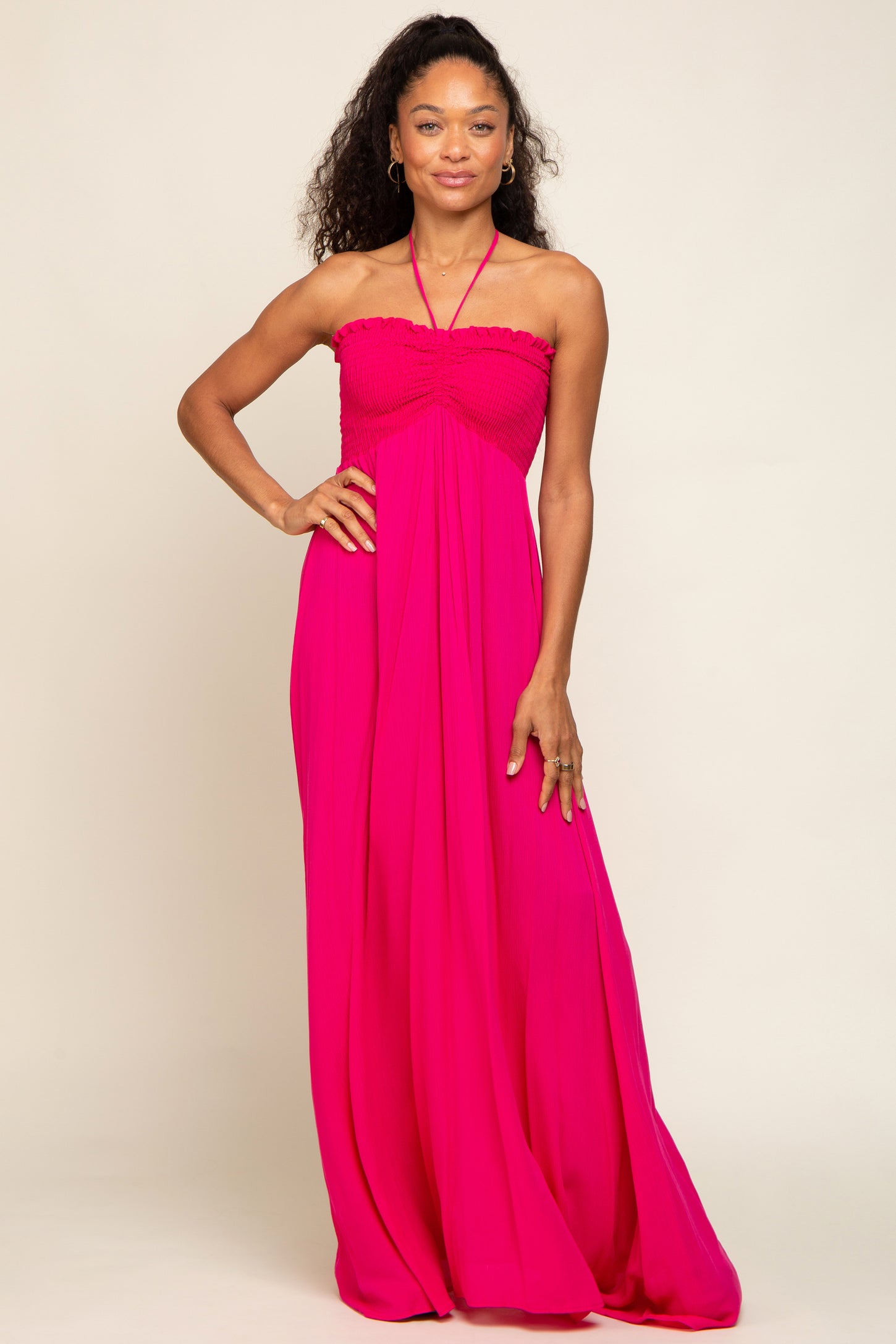 Fuchsia Smocked Halter Maxi Dress