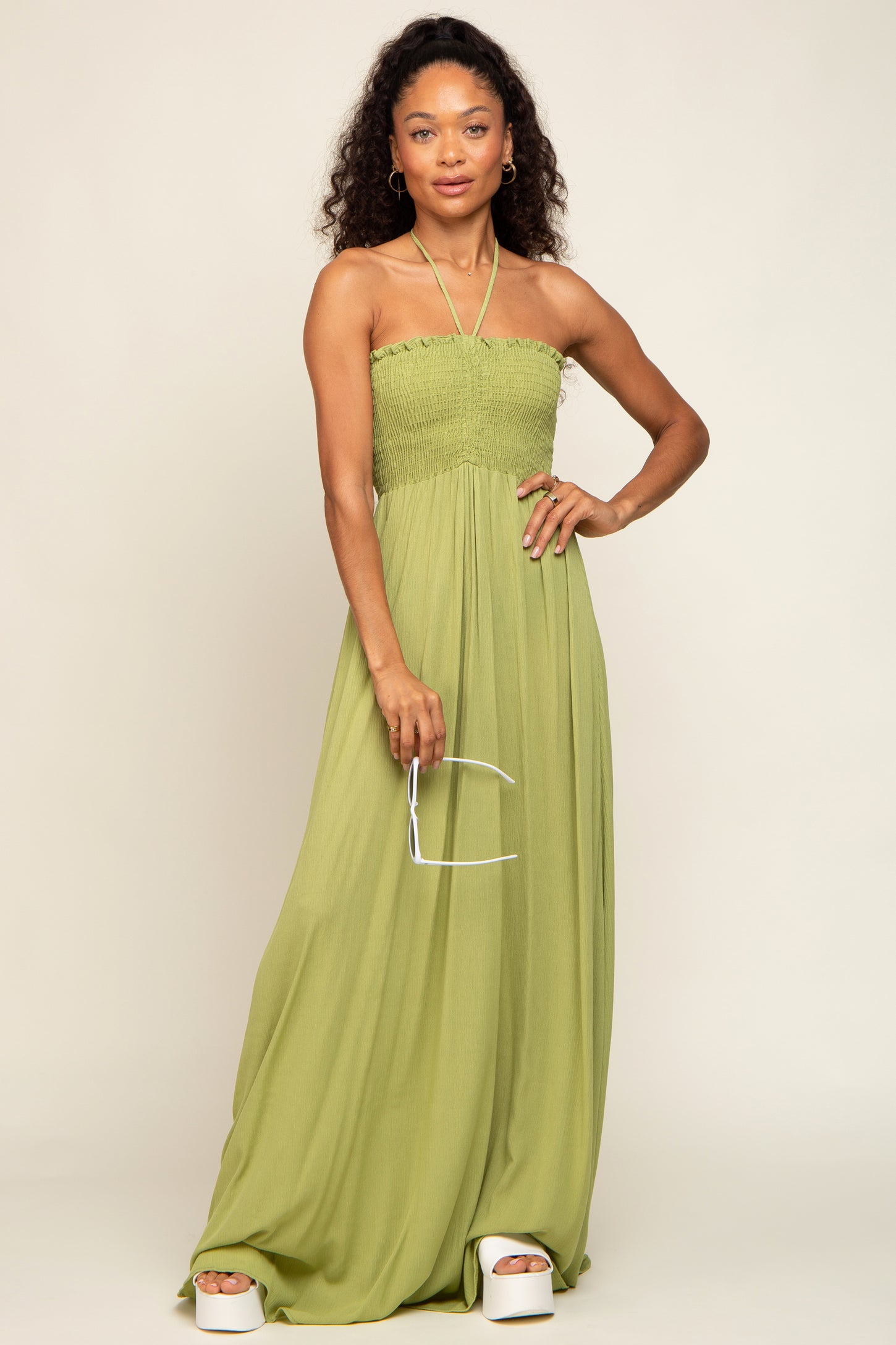 Lime Smocked Halter Maxi Dress