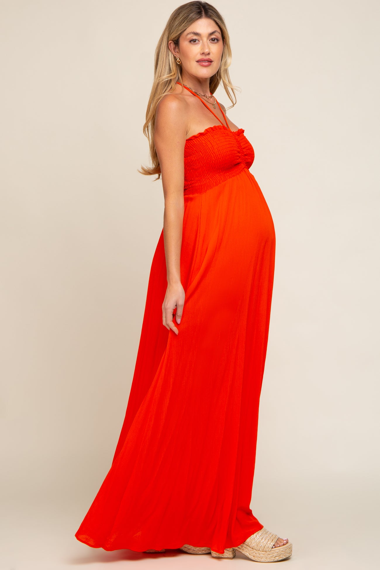Orange Smocked Halter Maternity Maxi Dress