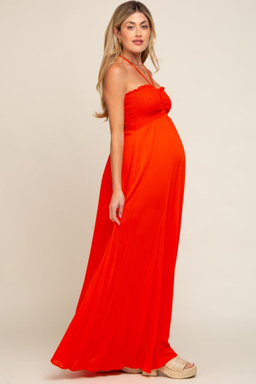 Orange Smocked Halter Maternity Maxi Dress