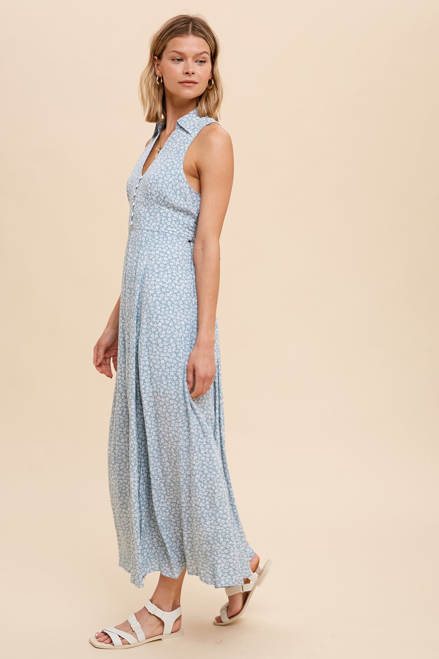 Dusty Sage Sleeveless Collared Midi Dress