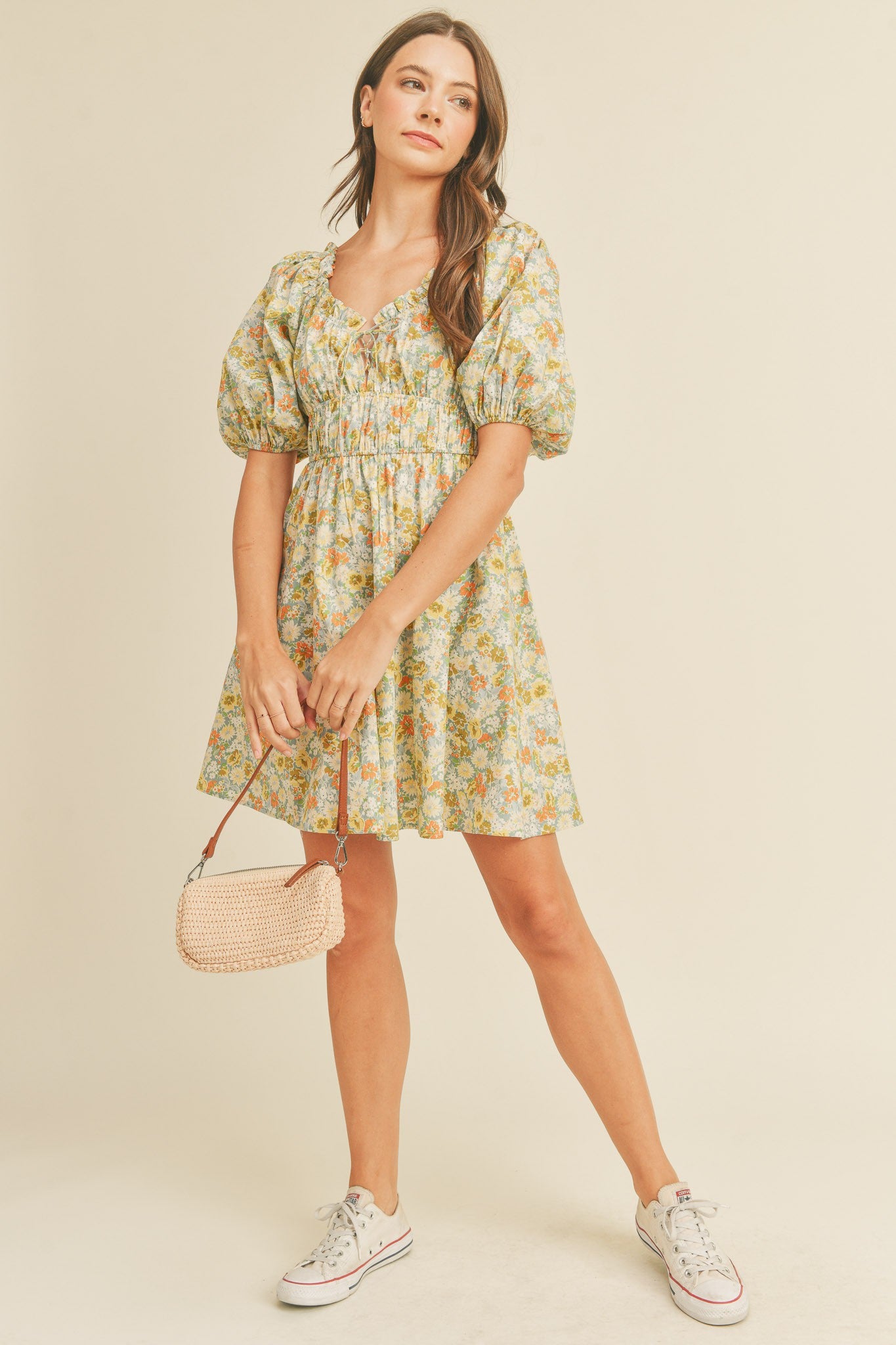 Blue Floral Sweetheart Neckline Mini Dress