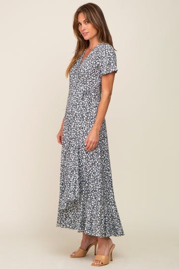 Black Floral Short Sleeve Wrap Maxi Dress