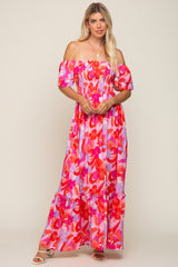 Pink Floral Smocked Ruffle Short Sleeve Maternity Maxi Dress