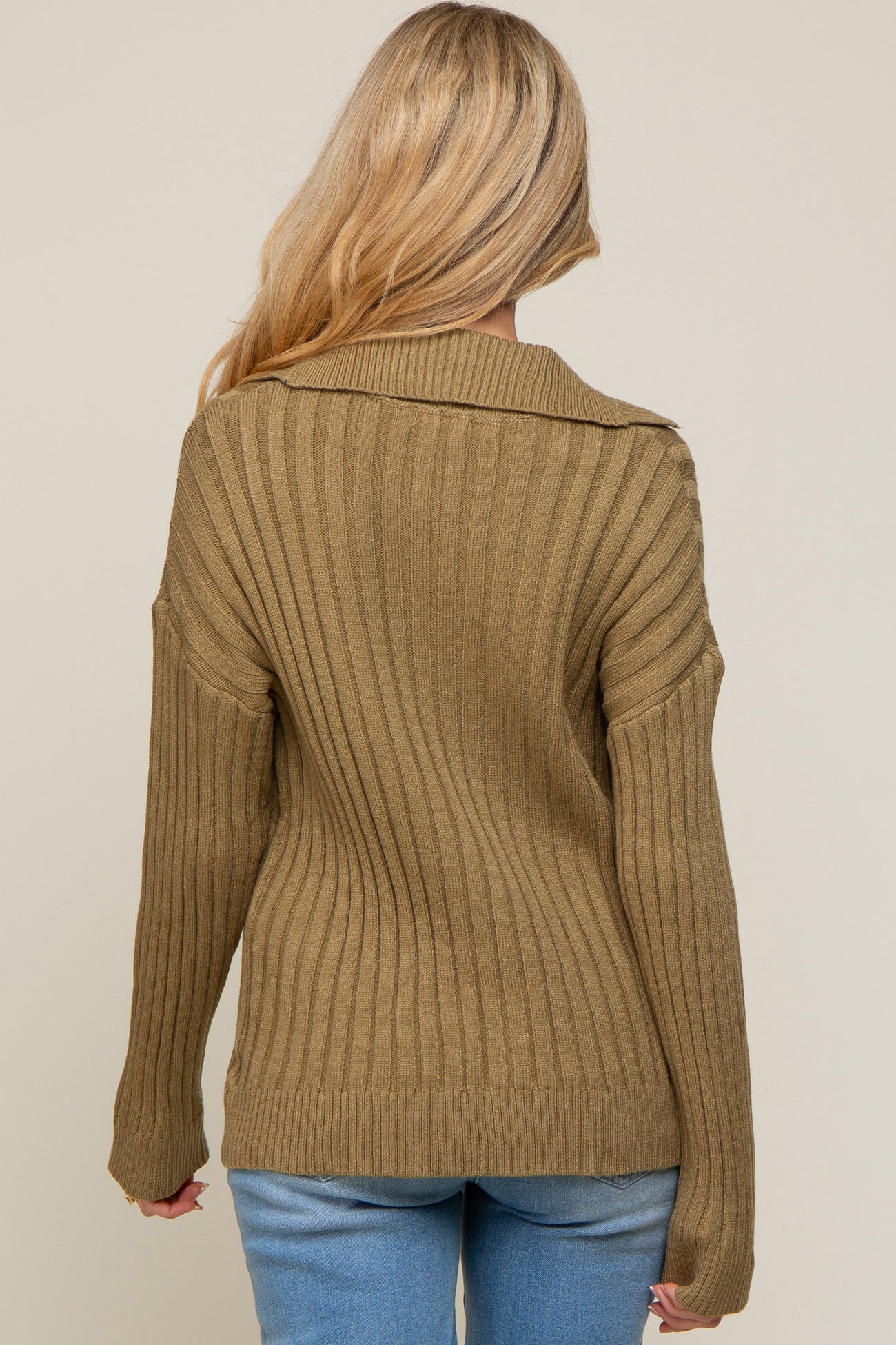 Olive Ribbed Knit Collared Long Sleeve Top