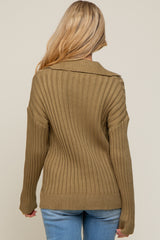 Olive Ribbed Knit Collared Long Sleeve Top