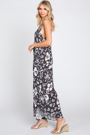 Charcoal Tropical Floral V-Neck Round Hem Jumpsuit
