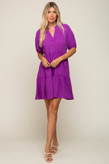 Purple Satin Ruffle V-Neck Short Sleeve Dress