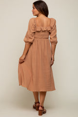 Taupe Gauze Smocked Maternity Midi Dress