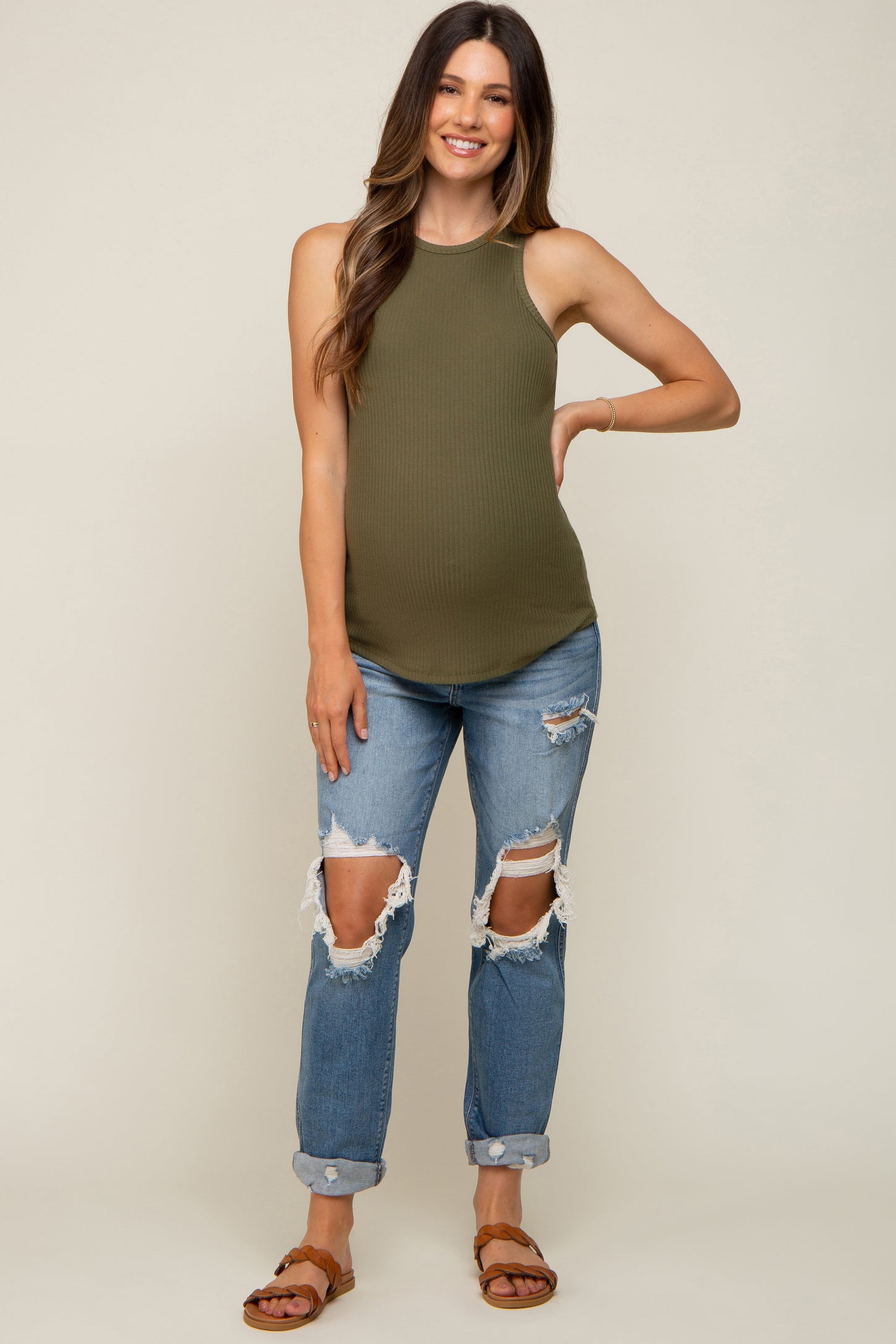 Blue Distressed Cuffed Maternity Jeans