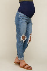 Blue Distressed Cuffed Maternity Jeans
