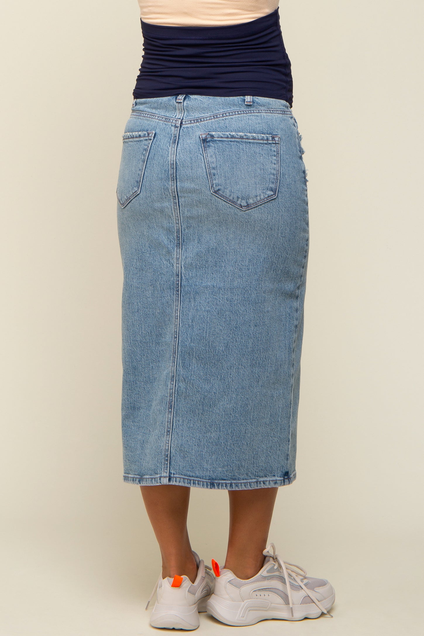 Light Blue Denim Front Slit Maternity Midi Skirt