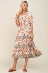 Cream Floral Puff Sleeve Tiered Midi Dress