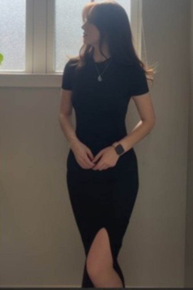 Black Mock Neck Front Slit Short Sleeve Maxi Dress