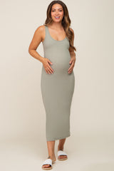 Light Olive Ribbed Basic Maternity Maxi Dress