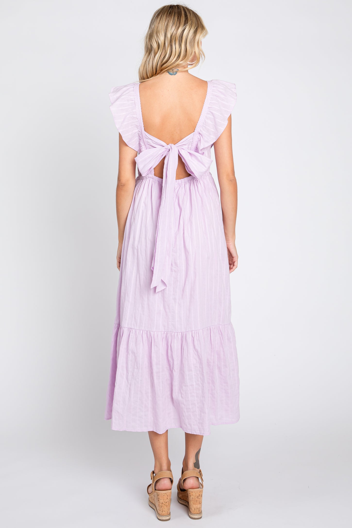 Lavender Floral Embroidered Tie Back Midi Dress