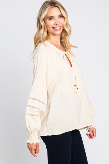 Cream Tie Front Long Sleeve Blouse