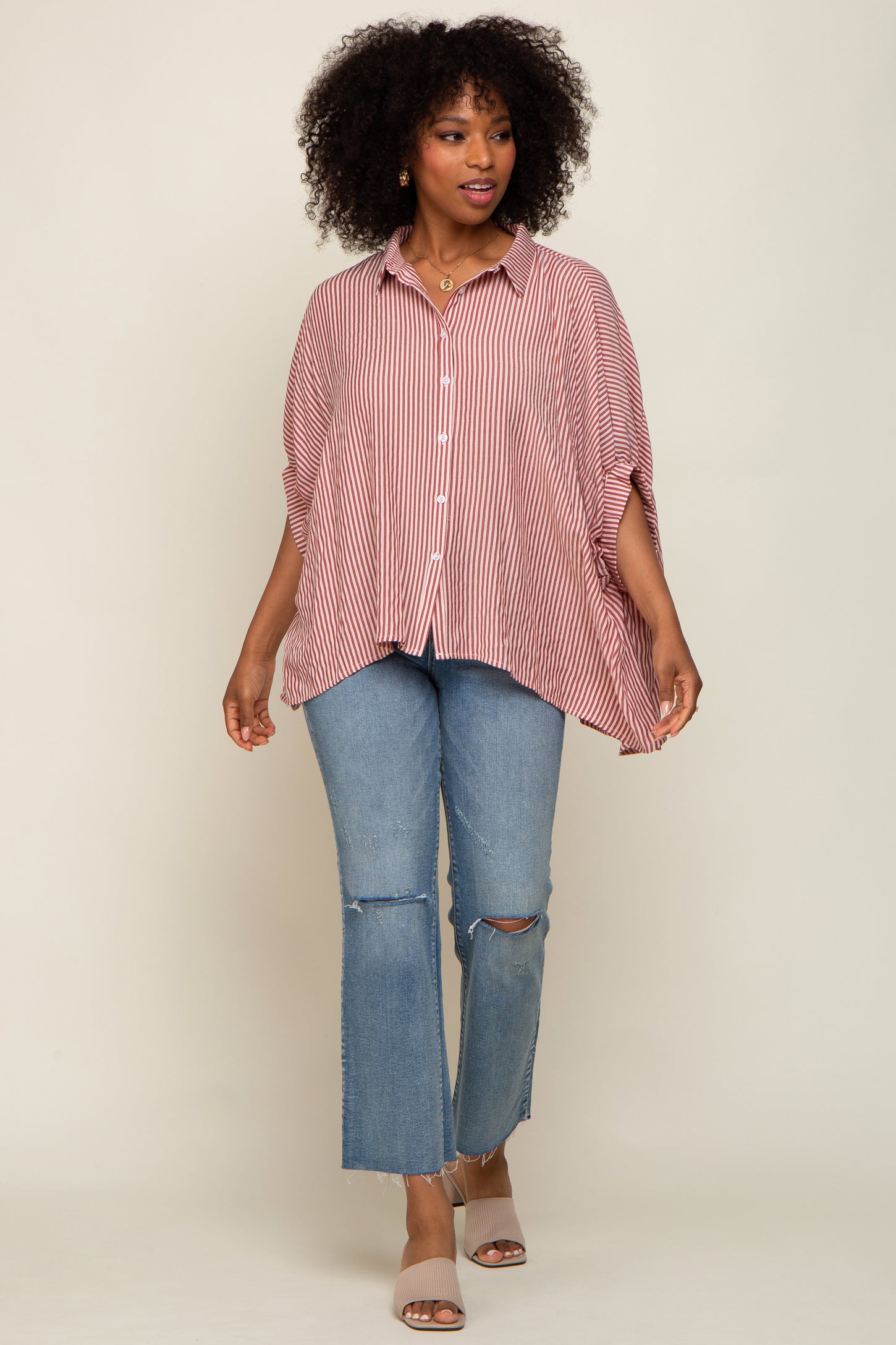 Red Striped Dolman Button Down Top