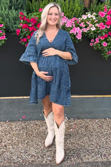 Blue Vintage Wash Tiered Maternity Dress