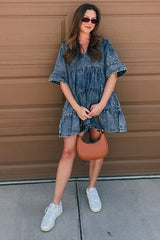 Blue Vintage Wash Tiered Maternity Dress