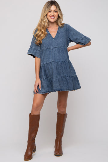 Blue Vintage Wash Tiered Maternity Dress