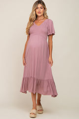 Lavender Smocked V-Neck Midi Dress