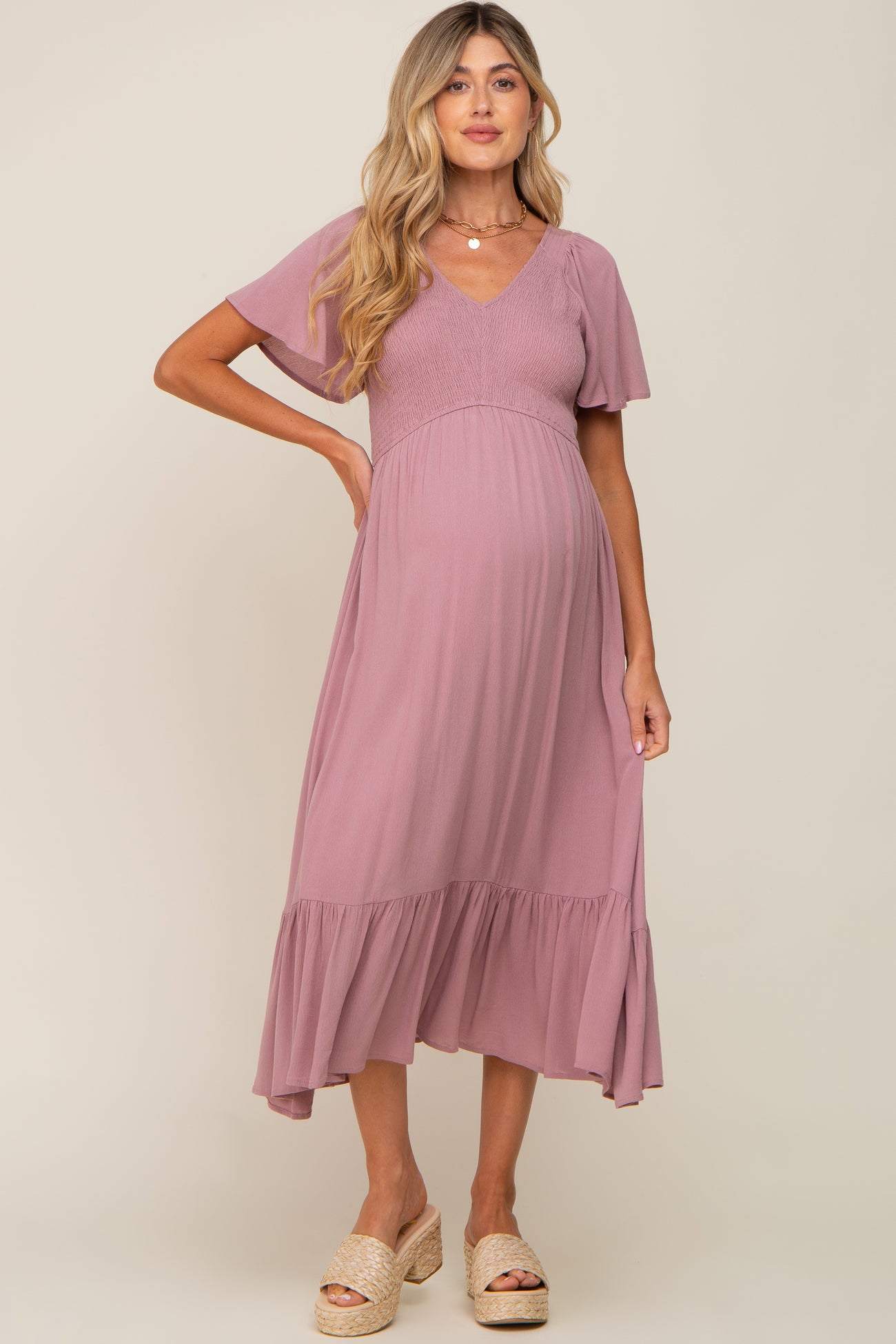 Lavender Smocked V-Neck Midi Dress