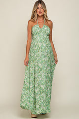 Green Floral Halter Neck Maternity Maxi Dress