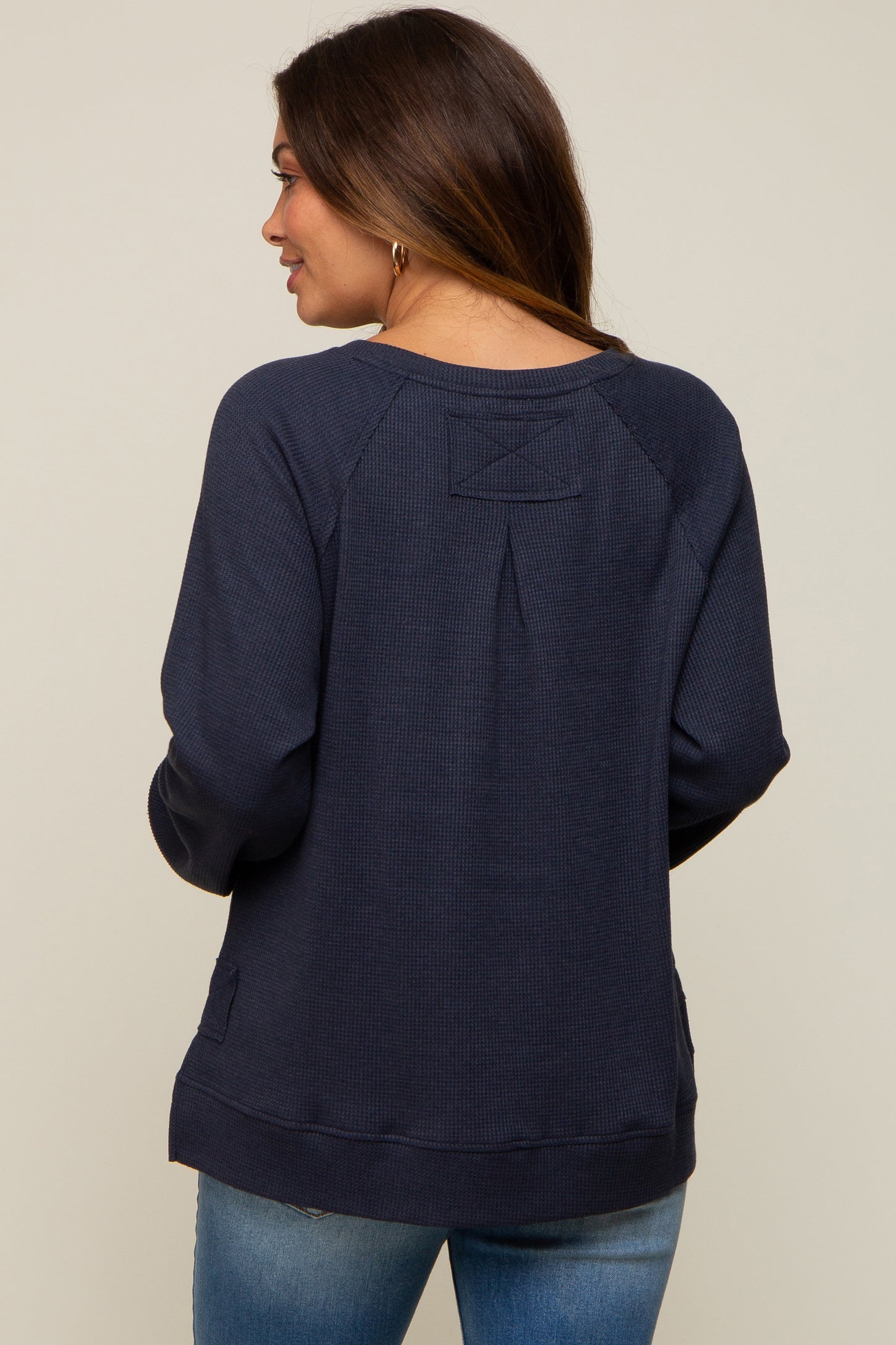 Navy Oversized Waffle Knit Long Sleeve Top