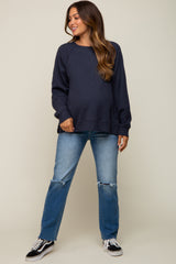 Navy Oversized Waffle Knit Long Sleeve Top