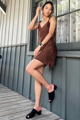 Brown Satin Cami Tie Strap Mini Dress